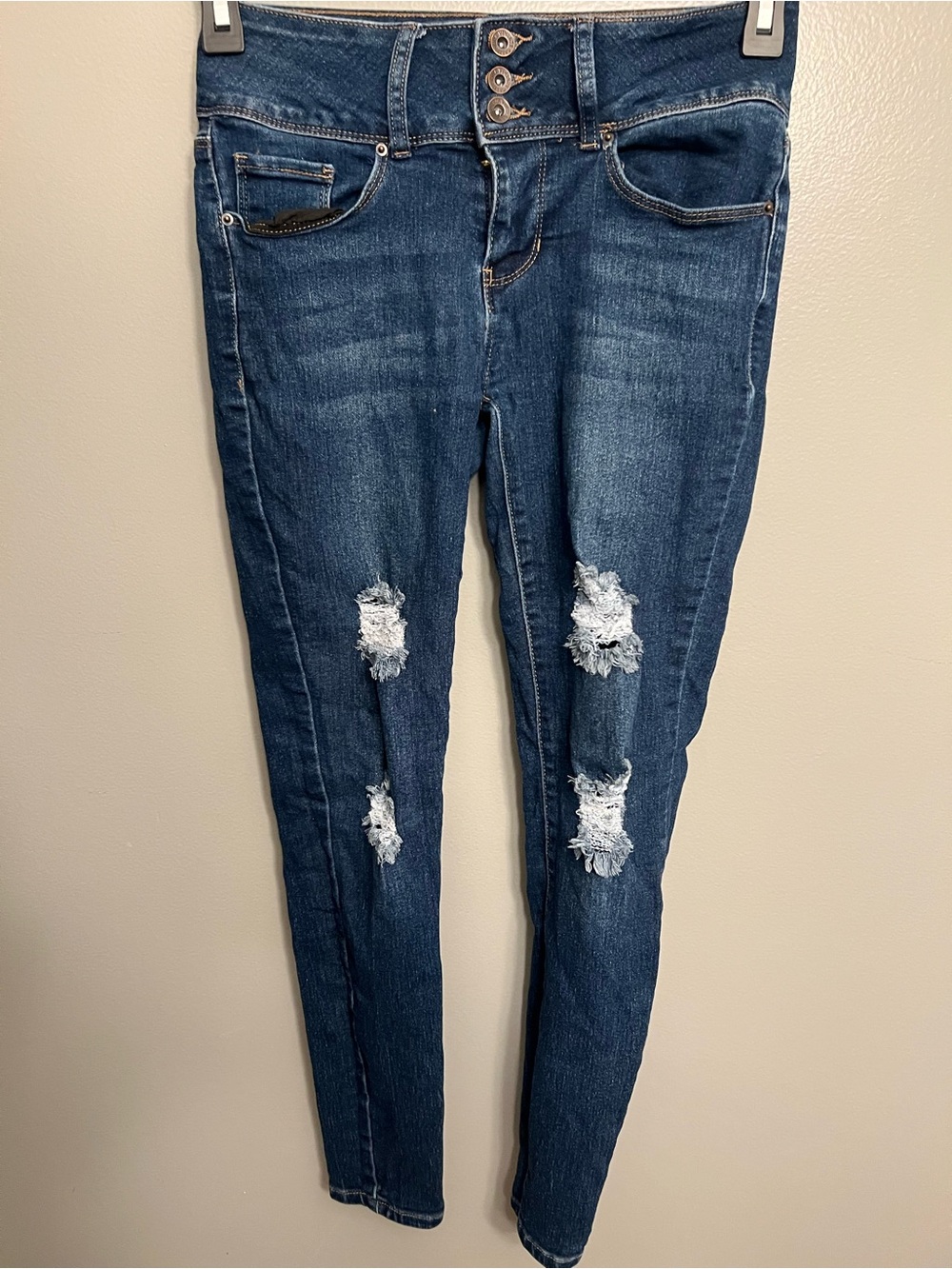 Juniors Distressed Dark Blue Skinny Jeans